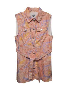Zara Printed Denim Mini Dress Sleeveless Belted Pastel Size L Coastal Tropical